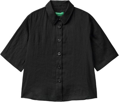 NEW United Colors Of Benetton Shirt Black Linen 3/4 Sleeve Button Up Size M