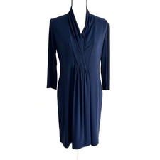 TAHARI by Arthur S. Levine Dress Petite Size 10P Navy Blue Pleated 3/4 Sleeve