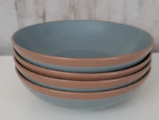 Blue Azure Stoneware Over And Back Dinner Pasta Bowls Set of 4 Terra Cotta Rim