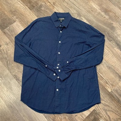Express Button Down Navy Blue White Speckled Modern Fit Men's L Long Sleeve