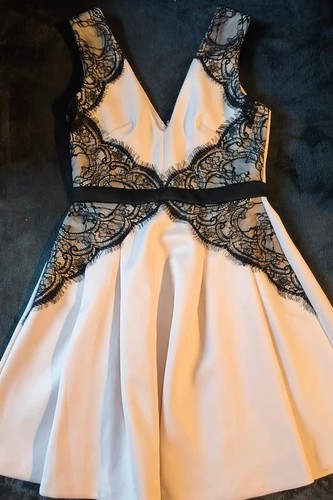 Lipsy London Blush Pink Black Eyelash Lace Skater Mini Dress UK 12 US 8 Party