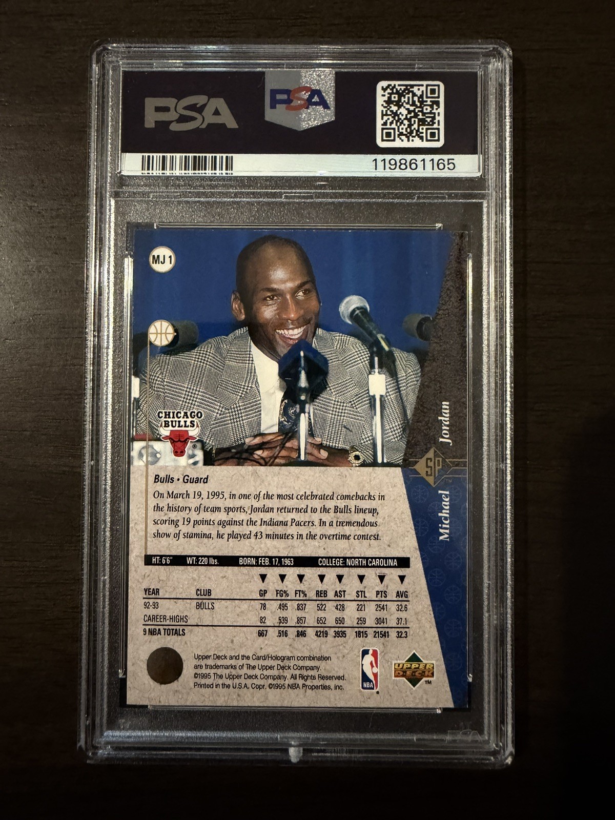 1994-1995 SP Michael Jordan Red PSA 6 “He’s Back” view 2