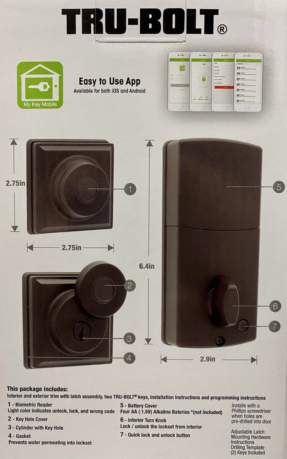 Tru-Bolt LUNA Bluetooth Biometric Deadbolt Fingerprint Control w/2 Keys Black