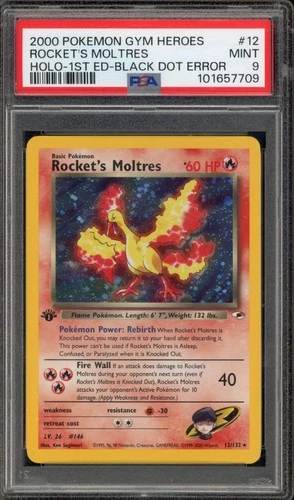 Pokemon Rocket's Moltres Gym Heroes 1st Ed Holo Rare #12 Black Dot Error PSA 9