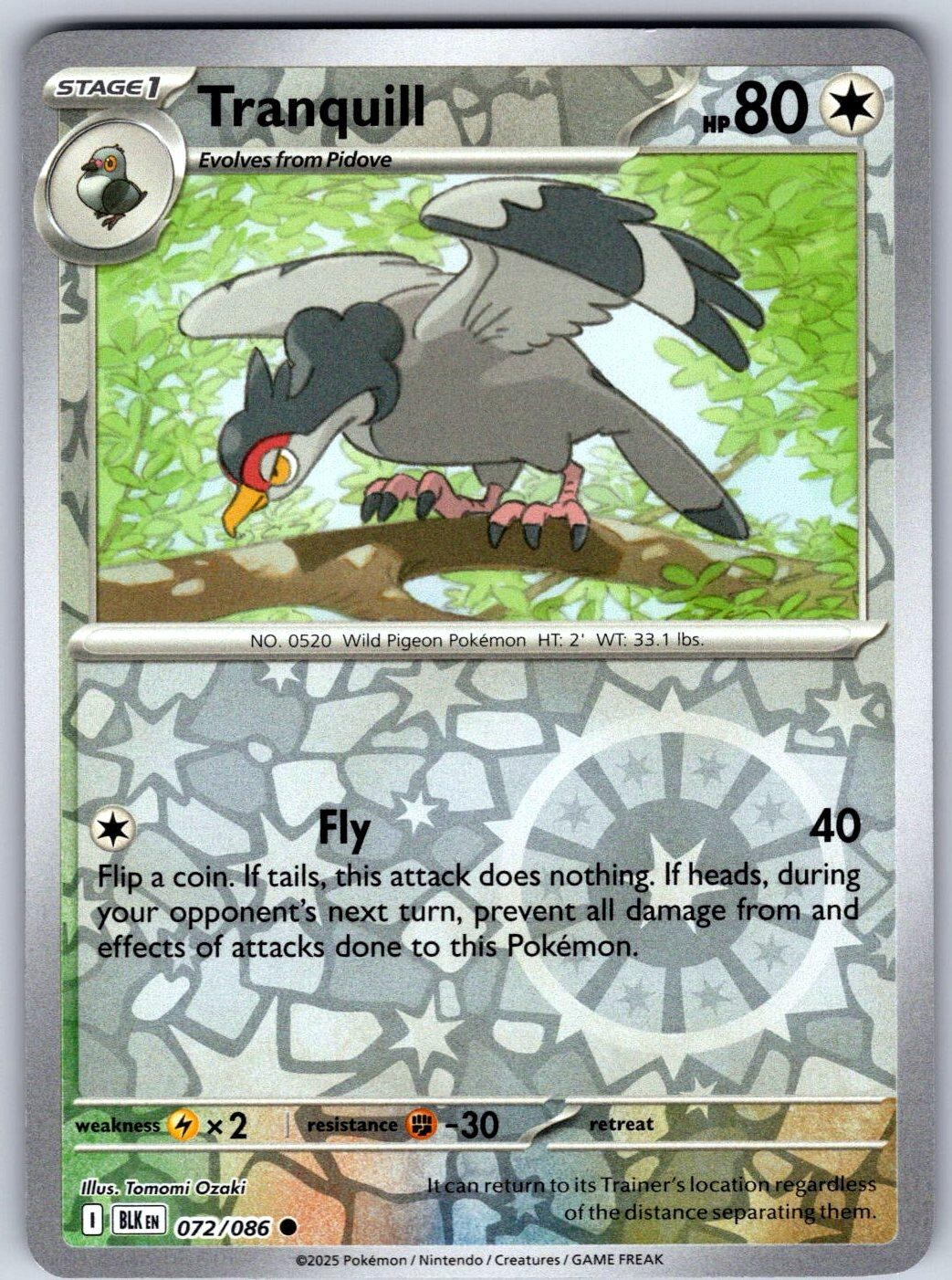 Tranquill 072/086 Common Black Bolt Pokemon Reverse Holo Lightly Played