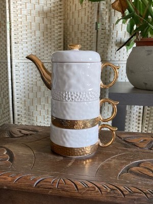 Anthropologie Elfenbein Weiß & Gold Duett Gemütlich Teekanne Turm Tee für zwei 2 Tassen Set