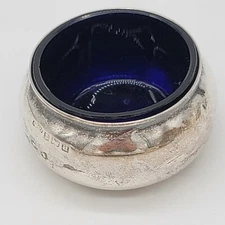 Antique Sterling Silver And Cobalt Glass Salt Cellar, English Silver Birmingham