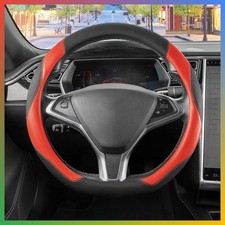D Shape Steering Wheel Cover Black Red PU Leather 14.5-15 Inch Non-Slip Grip