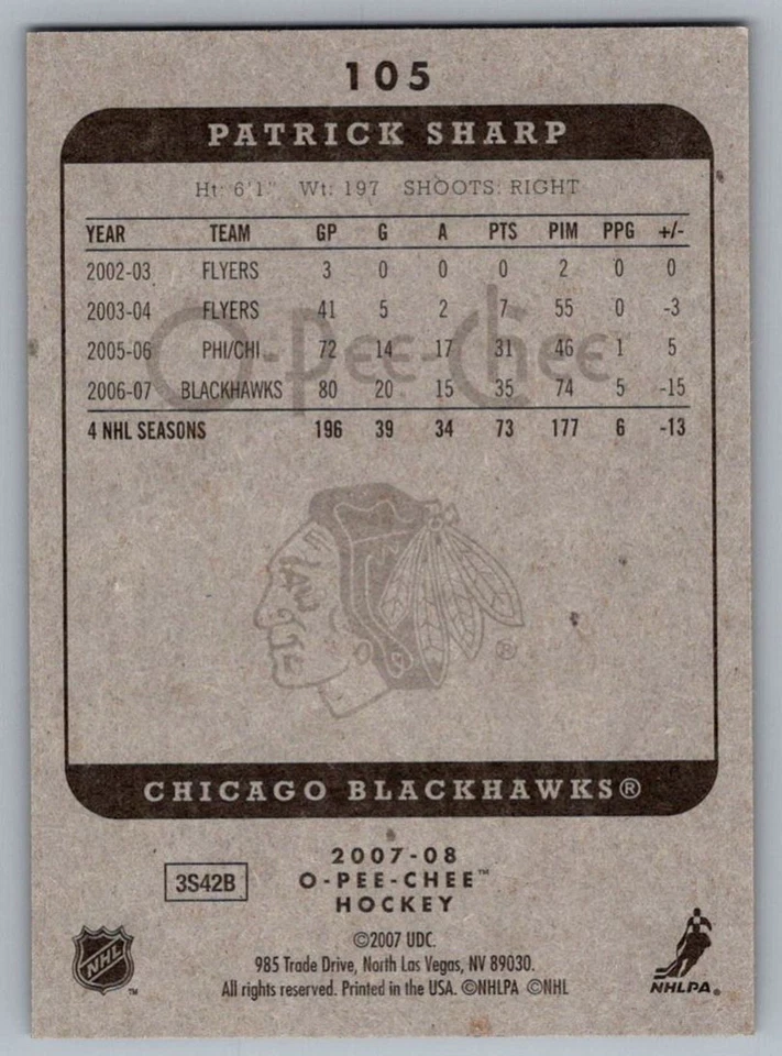 2007-08 O-Pee-Chee Patrick Sharp Chicago Blackhawks #105 - Image 2 of 2