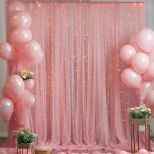 Dusty Rose Backdrop Curtain With String Lights Sheer Tulle Drapes 10x8 Ft