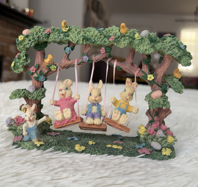 Easter Bunny Rabbit Swing Under Tree Resin Figurine Painted 3D Multicolor