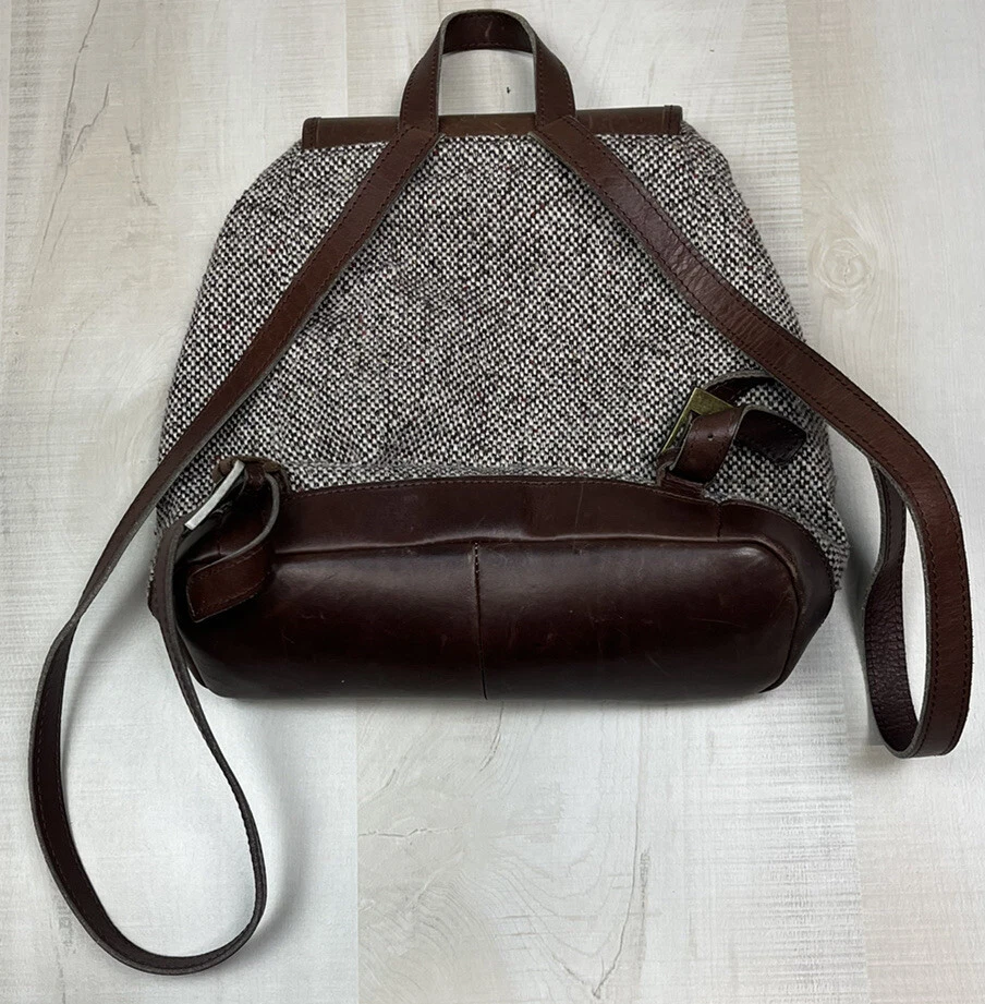 Vintage L.L. Bean Leather Backpack Tote Drawstring Bucket Bag Tweed