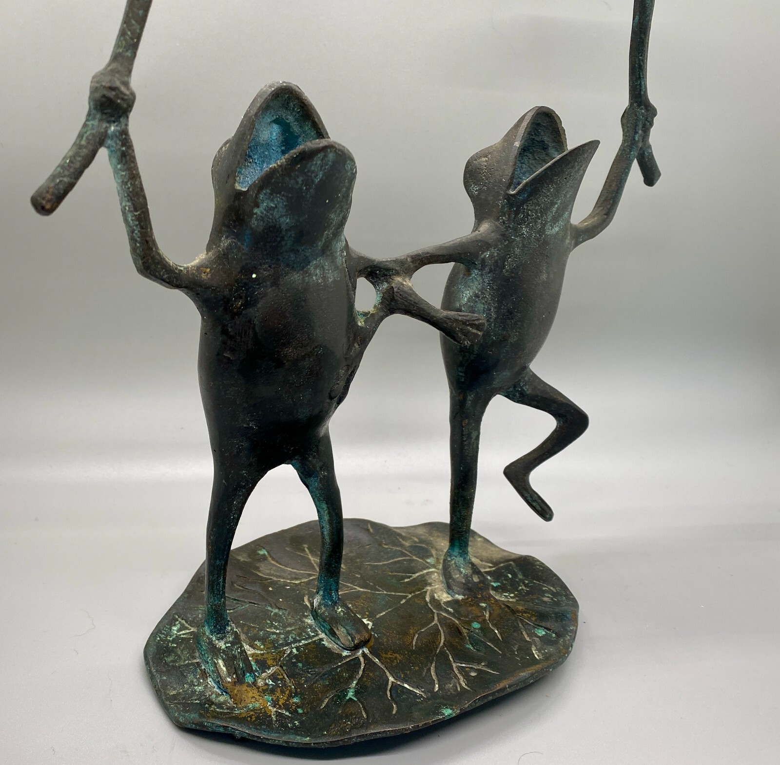 Vintage Bronze Verdigris Copper Happy Frogs on Lilypad Taper Candle