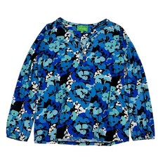 Cappagallo Blue V-Neck Floral Blouse Shirt Long Sleeve Polyester Blend Stretch L