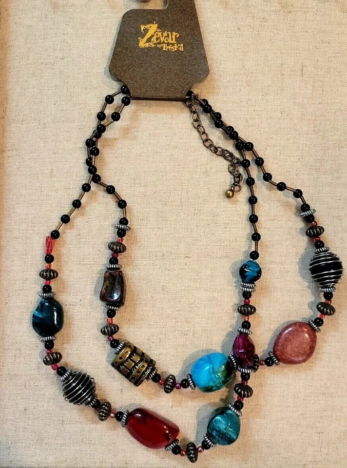Collar Zevar by Treska Multicolor Doble Hilo Grueso Piedras Imitadas Cuentas NUEVO Foto 3 de 4