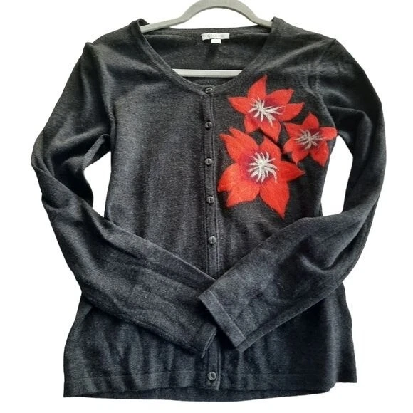 Cárdigan suéter de lana merino gris con botones floral granate Hill talla S para mujer Foto 2 de 4