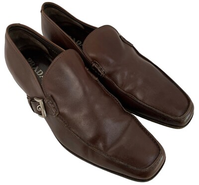 VTG Prada Italy Mens Brown Leather Buckle Loafers Size 10 US Slip