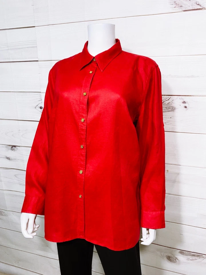 Camisa Chaps Classics para mujer talla 1X roja abotonada manga larga 100 % lino Foto 3 de 4