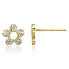 14K Solid Yellow Gold CZ Flower Stud Earrings