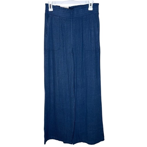 NEW SO Wide Leg Pants MEDIUM Hacci Knit Flowy Relaxed Flare Ribbed Pull On Blue - Picture 2 of 9