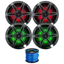 4x Enrock EM265RGB 6.5" 120W Marine Coaxial LED Speakers, Chrome Grilles, Wire