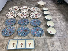 Melamine large dinner ware And serving set six place setting missing one  bowl