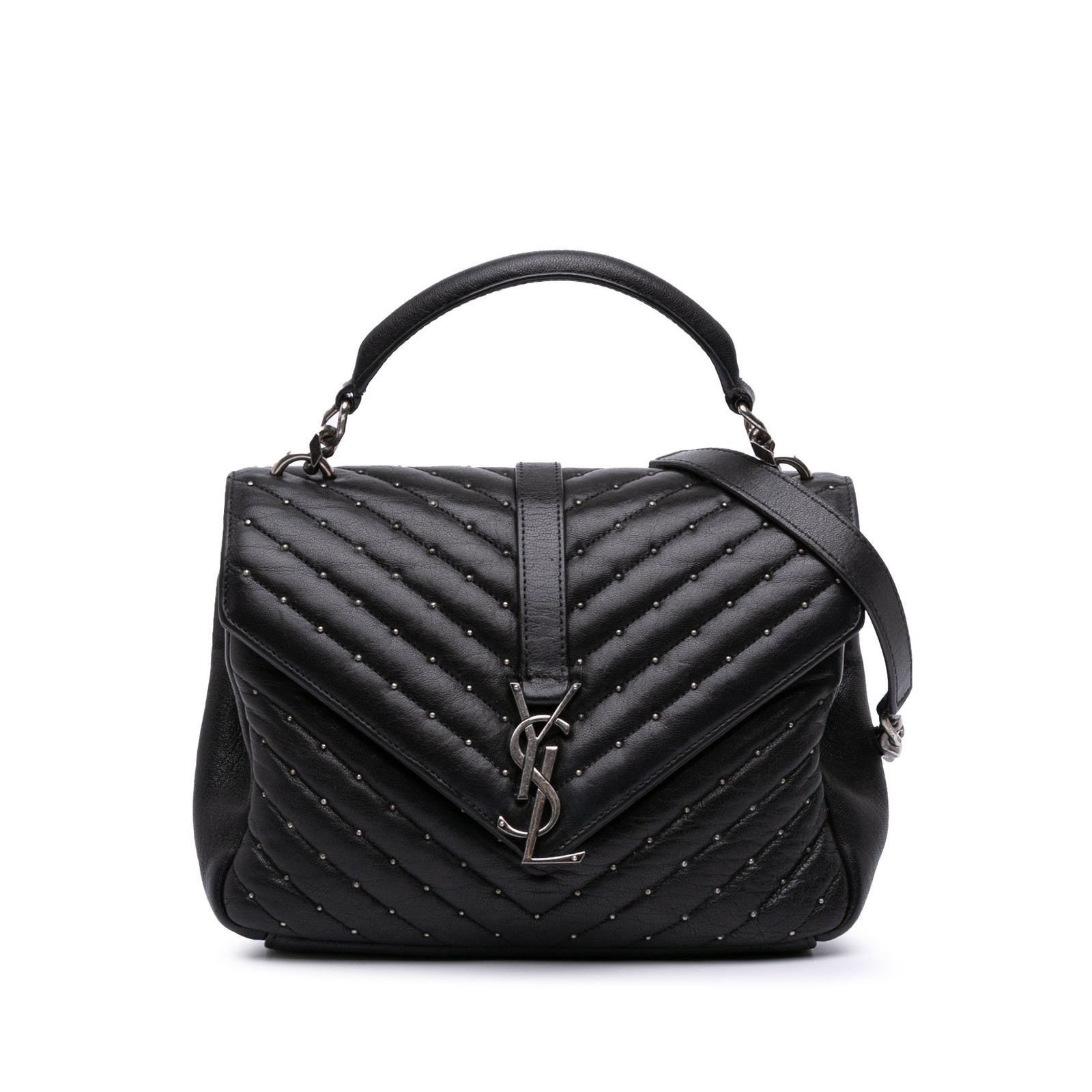 Authentic Saint Laurent Medium Chevron Studded Lambskin College Bag