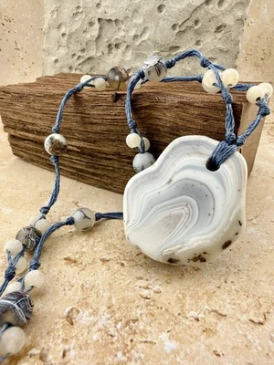 White Banded Agate Talisman Crystal Necklace – Ocean Blue Tones, USA Artisan - Image 1 of 4