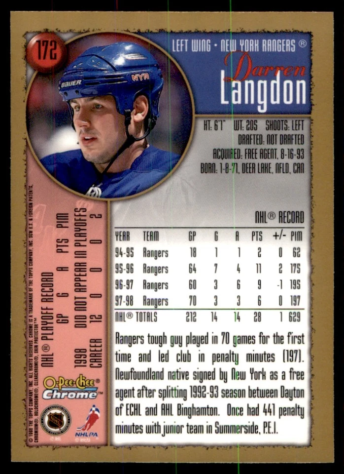 1998-99 O-Pee-Chee Chrome Darren Langdon New York Rangers #172 - Image 2 of 2