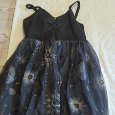 Women’s Black Midi Slip Dress Size L Strappy Chiffon Celestial Stars Moon