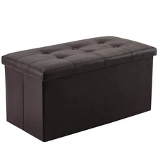 30" Folding Storage Ottoman Bench Brown Faux Leather Footrest 85L 350lbs
