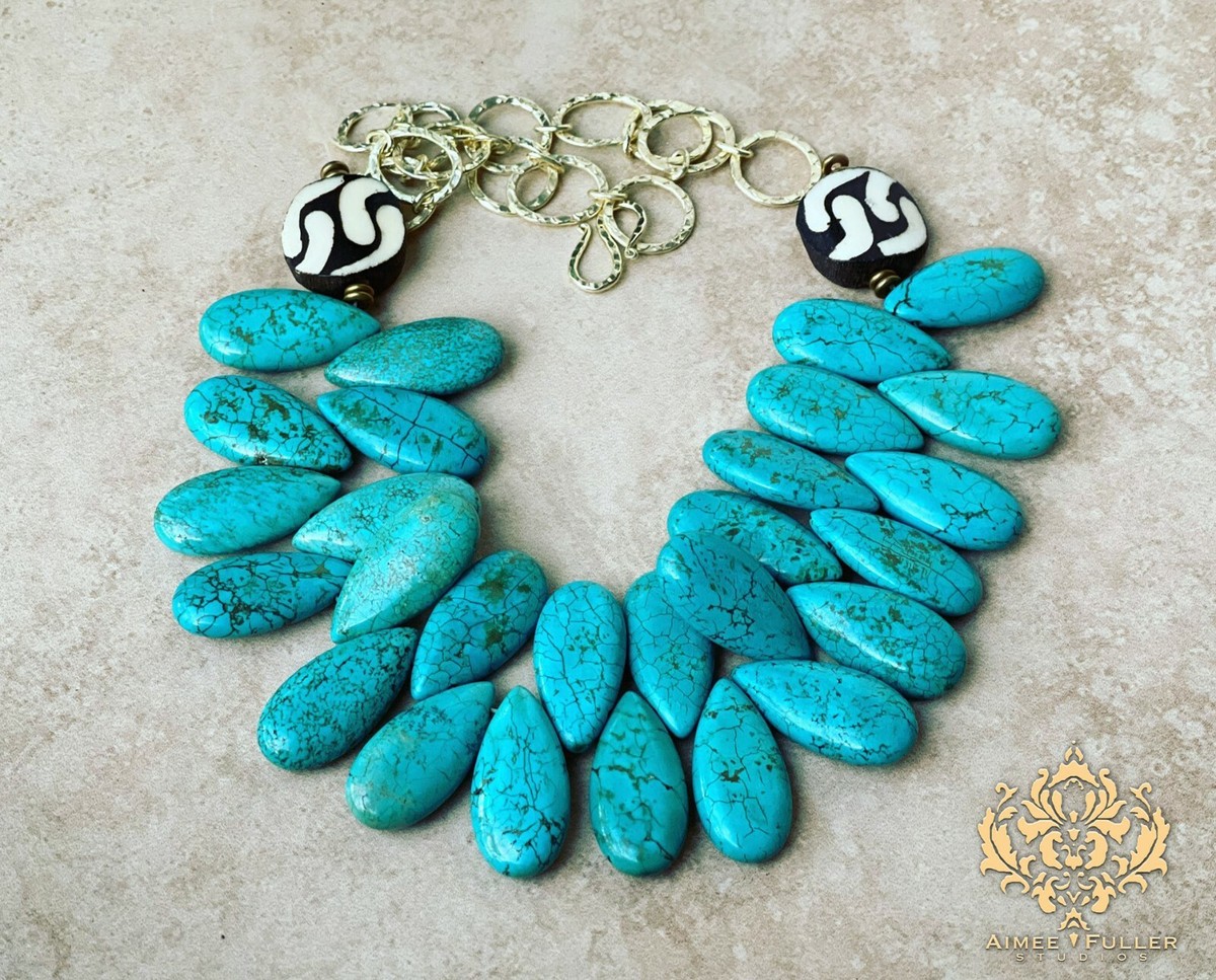 Turquoise Magnesite Statement Necklace Blue African Tribal Batik