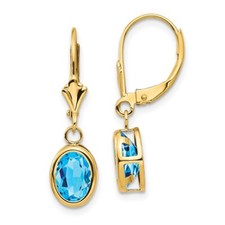 Real 14kt Yellow Gold 8x6mm Oval Blue Topaz Leverback Earrings