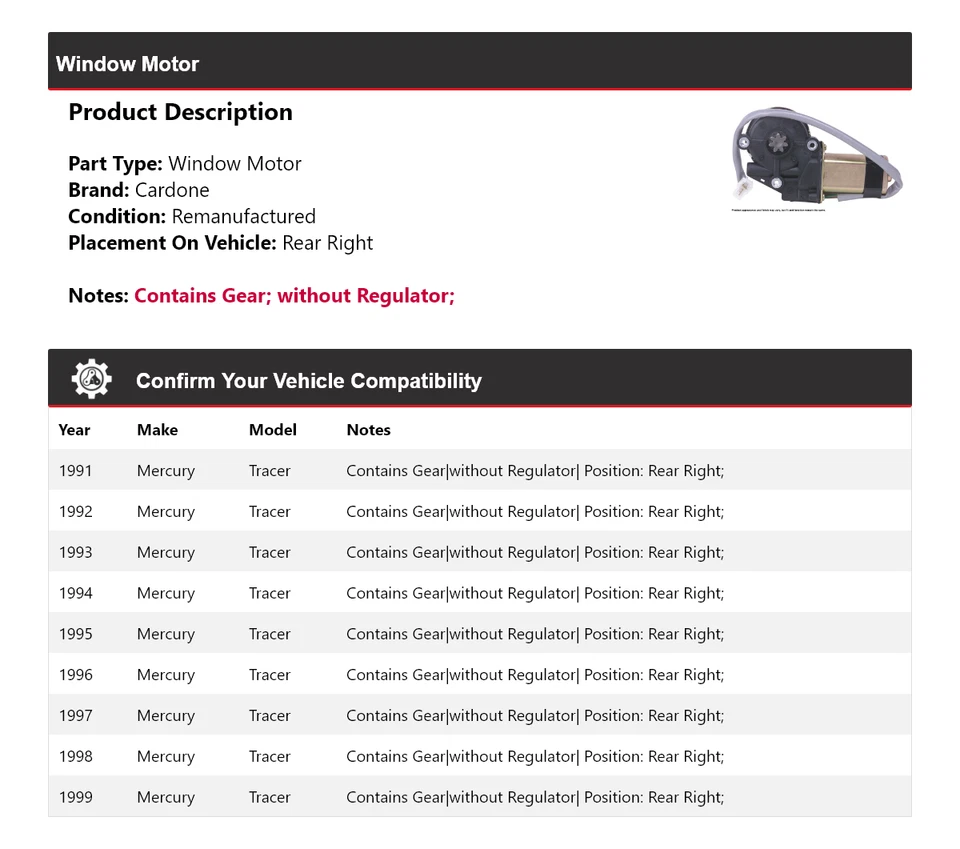 For 1991-1999 Mercury Tracer Window Motor Rear Right Cardone 1992 1993 1994 1995 - Image 2 of 4