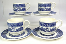 Vintage Blue Willow Cups  Saucers Transferware USA 1960's Retro Set of 4