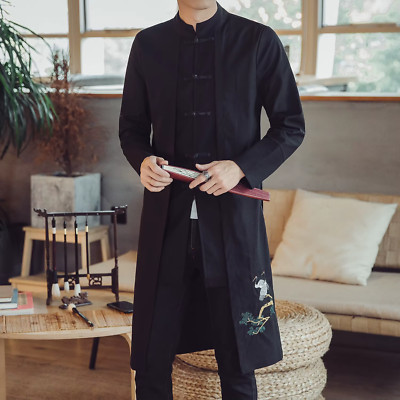 2024 Men Chinese Style Long Windbreaker Jacket Men Streetwear Oriental Clothes M