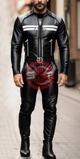 MENS GENUINE SHEEP LEATHER BLACK JUMPSUIT CATSUIT OVERALL ZIPPER BODYSUIT W/BELT
