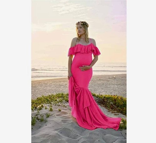 Maternity Dress Ruffles Gown Photo Prop Baby Shower Off Shoulder Pink XL - Picture 5 of 7