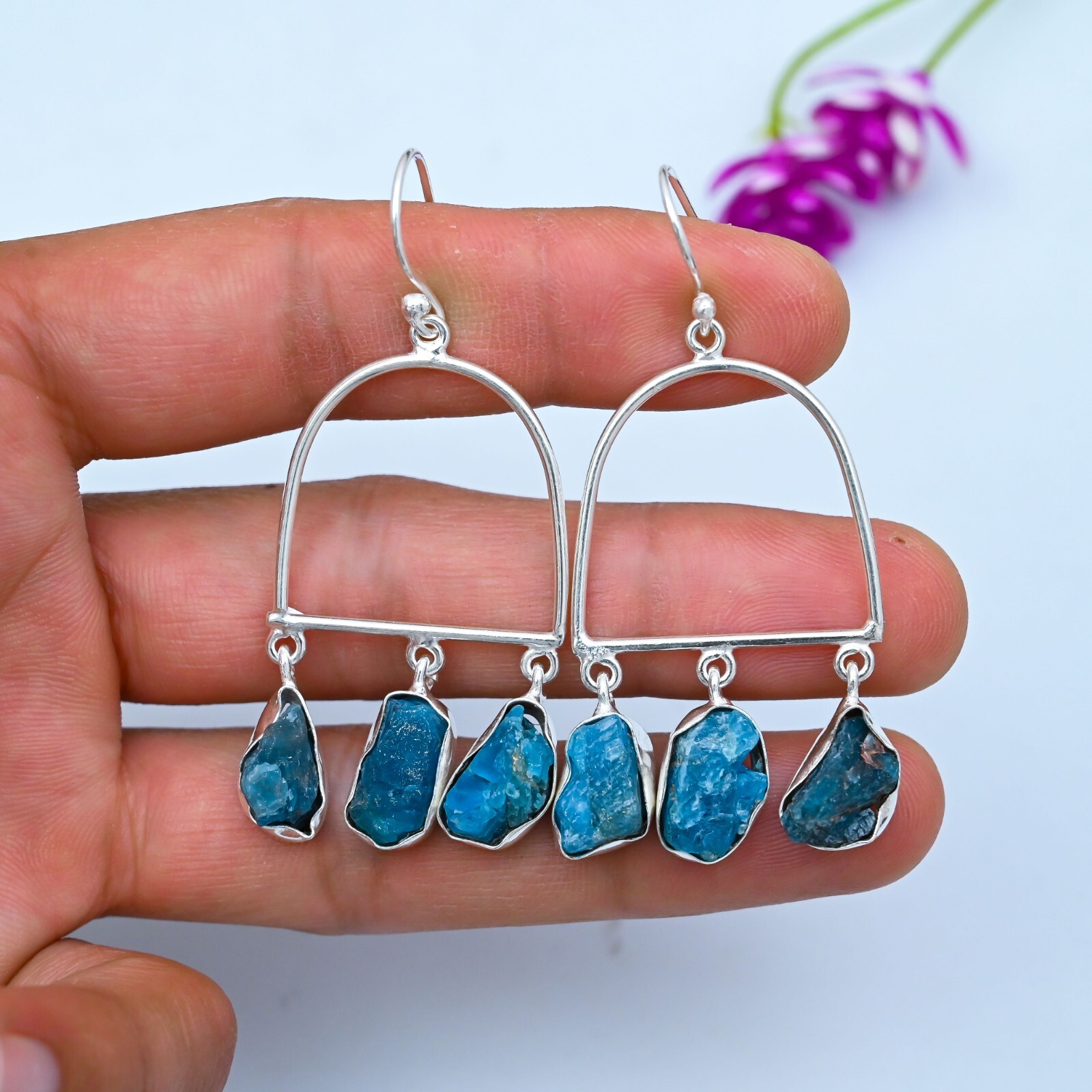 Raw Neon Blue Apatite Gemstone Earrings 925 Sterling Silver Handmade Jewelry