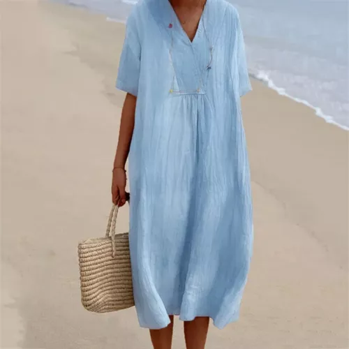 Ladies Cotton Linen V Neck Midi Dress Women Short Sleeve Loose Long Dress US - Bild 7 von 26