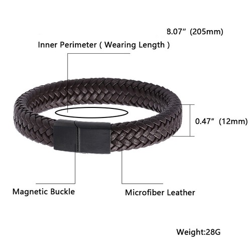 Top Men's Huge 12MM Braided Leather Stainless Steel Bracelet Magnetic Rope Wrist - Picture 3 of 6