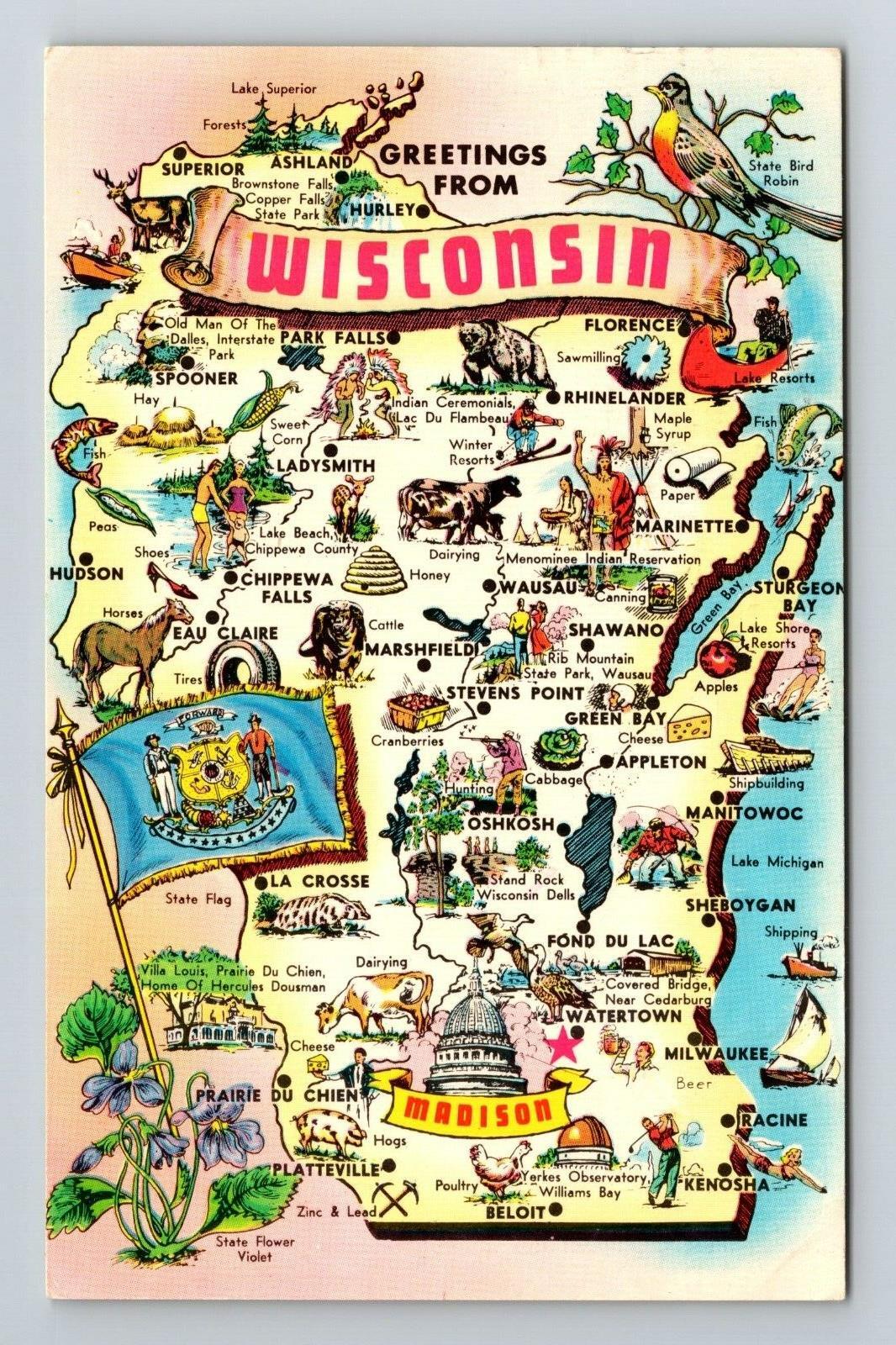 WI-Wisconsin, Scenic Map Greetings, Landmarks, Vintage Postcard