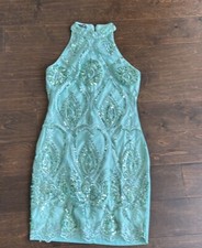 Quiz Women’s Embroidered Dress Sz 38 Green Sequins Formal  ST2825
