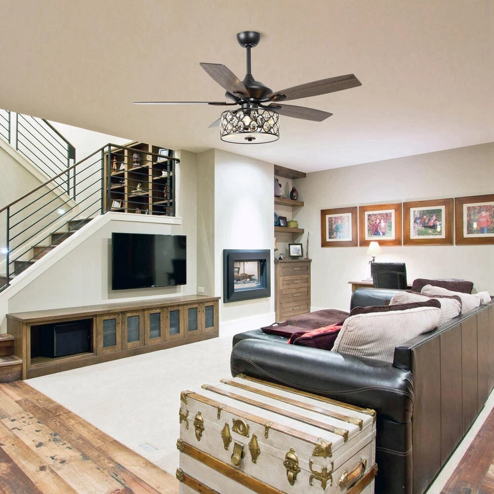 52" Matte Black Crystal Ceiling Fan Clear Glass Bowl Drum Light Remote Control - Image 3 of 4