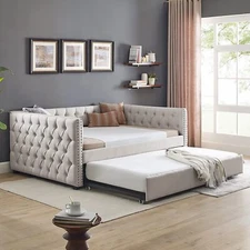 Upholstered Daybed with Trundle Twin/Full Size Day Bed Tufted Sofa Bed Furniture