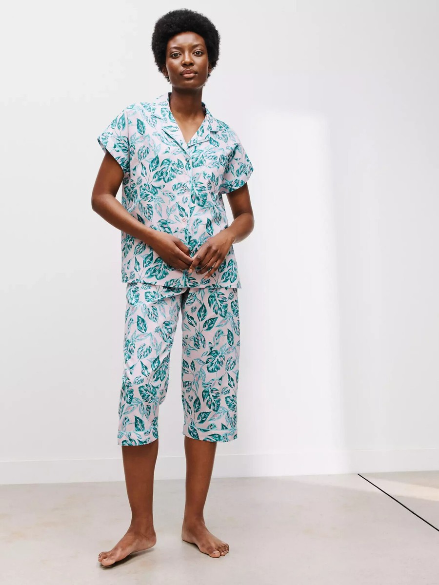 John Lewis Corinne Leaf Print Cropped Pyjama Set, Pink/Green, Size RRP  £38