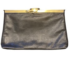 Vintage Etra 1960's Genuine Leather Black  Gold Envelope Clutch w/Strap
