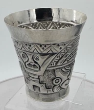 RARE Figural Welsch Peru Handwrought Aztec Motif Sterling Silver Repousse Beaker