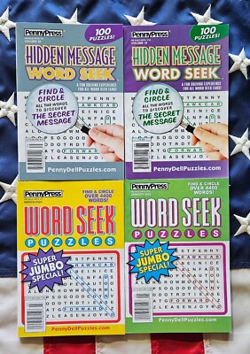 Lot 4 Penny Press Dell Special Super Jumbo & Hidden Message Word Search Seek