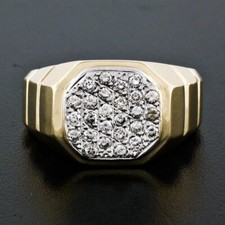 14K Ribbed Yellow Gold Men's Round Pave Natural Diamonds Cluster Ring - Size 9.5